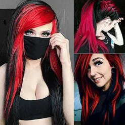 Long Red Black Wig Silk Straight Hair Synthetic Heat Resistant Side Bangs Ladies Wig Halloween Wigs