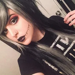 Long Red Black Wig Silk Straight Hair Synthetic Heat Resistant Side Bangs Ladies Wig Halloween Wigs