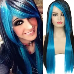 Long Red Black Wig Silk Straight Hair Synthetic Heat Resistant Side Bangs Ladies Wig Halloween Wigs