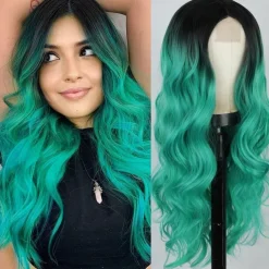 Long Wavy Wig for Women Ombre Green Middle Part Wigs Teal Wigs Long Curly Synthetic Heat Resistant Hair with Natural Hairline for Cosplay Party Everyday Use St.Patrick's Day Wigs