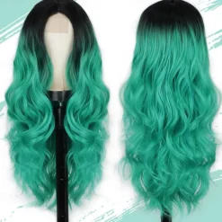 Long Wavy Wig for Women Ombre Green Middle Part Wigs Teal Wigs Long Curly Synthetic Heat Resistant Hair with Natural Hairline for Cosplay Party Everyday Use St.Patrick's Day Wigs