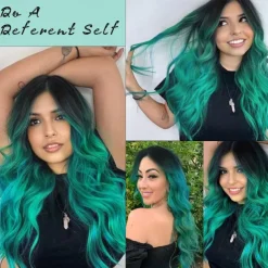 Long Wavy Wig for Women Ombre Green Middle Part Wigs Teal Wigs Long Curly Synthetic Heat Resistant Hair with Natural Hairline for Cosplay Party Everyday Use St.Patrick's Day Wigs