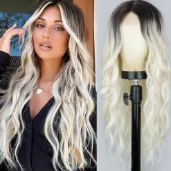 Long Wavy Wig Ombre blonde wig Middle Part Curly Wavy Hair for Women 24 Inch Long Blonde Wig Natural Looking Heat Resistant Hair for Girls Daily Party Use