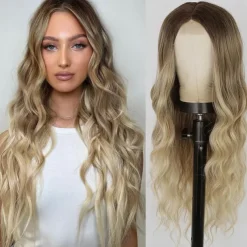 Long Wavy Wig Ombre blonde wig Middle Part Curly Wavy Hair for Women 24 Inch Long Blonde Wig Natural Looking Heat Resistant Hair for Girls Daily Party Use