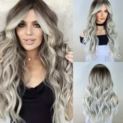 Long Wavy Wigs With Curtain Bangs For Women Synthetic Curly Wig Heat Resistant Fiber Wigs For Daily Cosplay