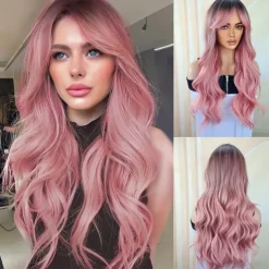 Long Wavy Wigs With Curtain Bangs For Women Synthetic Curly Wig Heat Resistant Fiber Wigs For Daily Cosplay