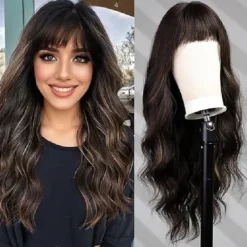 Long Wigs for Women,Synthetic Wavy Hair Wig with Bangs Halloween Cosplay Party Wigs