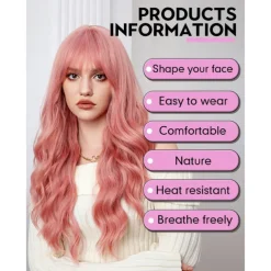 Long Wigs for Women,Synthetic Wavy Hair Wig with Bangs Halloween Cosplay Party Wigs