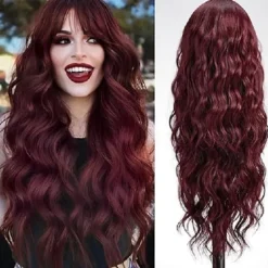 Long Wigs for Women,Synthetic Wavy Hair Wig with Bangs Halloween Cosplay Party Wigs