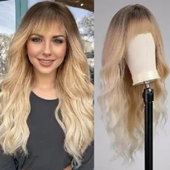 Long Wigs for Women,Synthetic Wavy Hair Wig with Bangs Halloween Cosplay Party Wigs