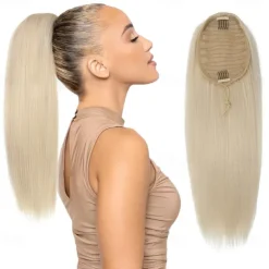 Long Yaki Straight Drawstring Pony Tail Hair Attachments for Women Black Kinky Straight Up Down Ponytail Bun Extension 20 inch Clip in