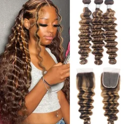 Loose Deep 3&1 Bundles With Closure Highlight P4/27# Human Hair Weaving With 4*4 Closures Pre-colored Brazilian Hair Extension