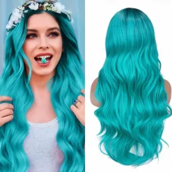 Love Ombre Bluish Green Wigs Long Curly Wavy Teal Blue Side Part Wig 2 Tones Dark Roots Synthetic Daily Party Cosplay Wigs for Women Halloween Wigs