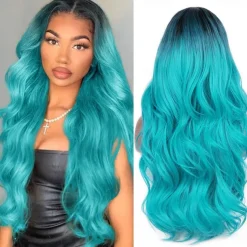 Love Ombre Bluish Green Wigs Long Curly Wavy Teal Blue Side Part Wig 2 Tones Dark Roots Synthetic Daily Party Cosplay Wigs for Women Halloween Wigs