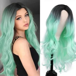 Love Ombre Bluish Green Wigs Long Curly Wavy Teal Blue Side Part Wig 2 Tones Dark Roots Synthetic Daily Party Cosplay Wigs for Women Halloween Wigs