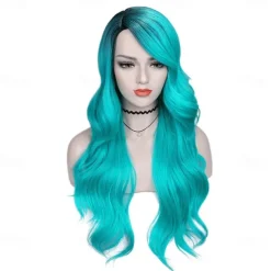 Love Ombre Bluish Green Wigs Long Curly Wavy Teal Blue Side Part Wig 2 Tones Dark Roots Synthetic Daily Party Cosplay Wigs for Women Halloween Wigs