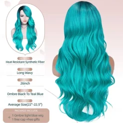 Love Ombre Bluish Green Wigs Long Curly Wavy Teal Blue Side Part Wig 2 Tones Dark Roots Synthetic Daily Party Cosplay Wigs for Women Halloween Wigs