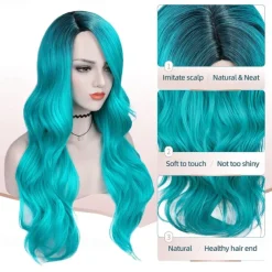 Love Ombre Bluish Green Wigs Long Curly Wavy Teal Blue Side Part Wig 2 Tones Dark Roots Synthetic Daily Party Cosplay Wigs for Women Halloween Wigs