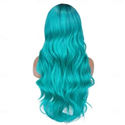 Love Ombre Bluish Green Wigs Long Curly Wavy Teal Blue Side Part Wig 2 Tones Dark Roots Synthetic Daily Party Cosplay Wigs for Women Halloween Wigs