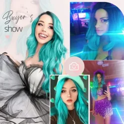Love Ombre Bluish Green Wigs Long Curly Wavy Teal Blue Side Part Wig 2 Tones Dark Roots Synthetic Daily Party Cosplay Wigs for Women Halloween Wigs