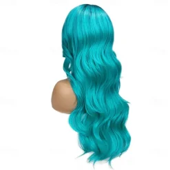 Love Ombre Bluish Green Wigs Long Curly Wavy Teal Blue Side Part Wig 2 Tones Dark Roots Synthetic Daily Party Cosplay Wigs for Women Halloween Wigs