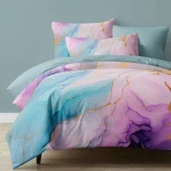 L.T.Home 100% Cotton Sateen Duvet Cover Set Reversible Premium 300 Thread Count Marble Pattern Elite Bedding Set Queen King Size