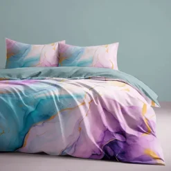 L.T.Home 100% Cotton Sateen Duvet Cover Set Reversible Premium 300 Thread Count Marble Pattern Elite Bedding Set Queen King Size