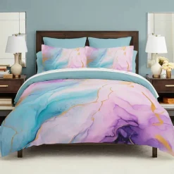 L.T.Home 100% Cotton Sateen Duvet Cover Set Reversible Premium 300 Thread Count Marble Pattern Elite Bedding Set Queen King Size