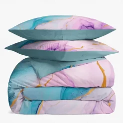 L.T.Home 100% Cotton Sateen Duvet Cover Set Reversible Premium 300 Thread Count Marble Pattern Elite Bedding Set Queen King Size