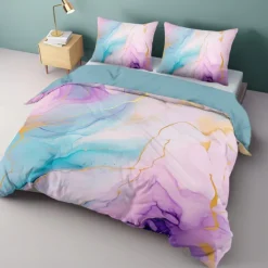 L.T.Home 100% Cotton Sateen Duvet Cover Set Reversible Premium 300 Thread Count Marble Pattern Elite Bedding Set Queen King Size