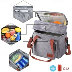 Lunch Box, 14L Insulated Lunch Bag, Expandable Double Deck Cooler Bag, Lightweight Leakproof Tote Bag With Side Tissue Pocket, Suit For Men and Women