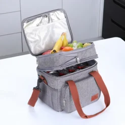 Lunch Box, 14L Insulated Lunch Bag, Expandable Double Deck Cooler Bag, Lightweight Leakproof Tote Bag With Side Tissue Pocket, Suit For Men and Women