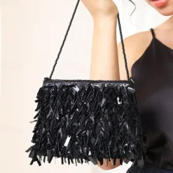 Luxurious Black Evening Clutch with Sparkling Crystal Fringe and Beaded Detail - Perfect for Formal Occasions