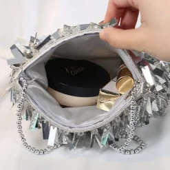 Luxurious Black Evening Clutch with Sparkling Crystal Fringe and Beaded Detail - Perfect for Formal Occasions