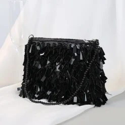 Luxurious Black Evening Clutch with Sparkling Crystal Fringe and Beaded Detail - Perfect for Formal Occasions