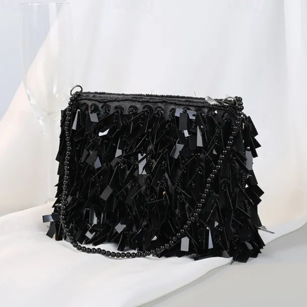 Luxurious Black Evening Clutch with Sparkling Crystal Fringe and Beaded Detail - Perfect for Formal Occasions