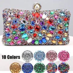 Luxury Blue Crystal Clutch Bag – Elegant Evening Purse with Pearl Clasp for Women, Rhinestone Embellished Handbag for Weddings, Parties, and Formal Events