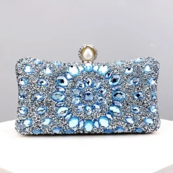Luxury Blue Crystal Clutch Bag – Elegant Evening Purse with Pearl Clasp for Women, Rhinestone Embellished Handbag for Weddings, Parties, and Formal Events