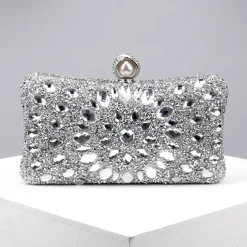 Luxury Blue Crystal Clutch Bag – Elegant Evening Purse with Pearl Clasp for Women, Rhinestone Embellished Handbag for Weddings, Parties, and Formal Events