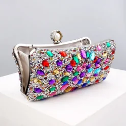 Luxury Blue Crystal Clutch Bag – Elegant Evening Purse with Pearl Clasp for Women, Rhinestone Embellished Handbag for Weddings, Parties, and Formal Events