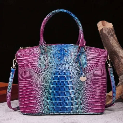 Luxury Metallic Crocodile Embossed Handbag – Shiny Blue and Green Faux Leather Tote with Top Handle and Shoulder Strap for Women, Perfect for Parties and Special Events