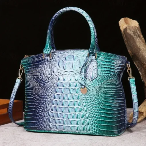 Luxury Metallic Crocodile Embossed Handbag – Shiny Blue and Green Faux Leather Tote with Top Handle and Shoulder Strap for Women, Perfect for Parties and Special Events