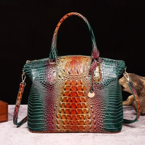 Luxury Metallic Crocodile Embossed Handbag – Shiny Blue and Green Faux Leather Tote with Top Handle and Shoulder Strap for Women, Perfect for Parties and Special Events