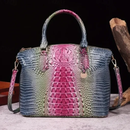 Luxury Metallic Crocodile Embossed Handbag – Shiny Blue and Green Faux Leather Tote with Top Handle and Shoulder Strap for Women, Perfect for Parties and Special Events