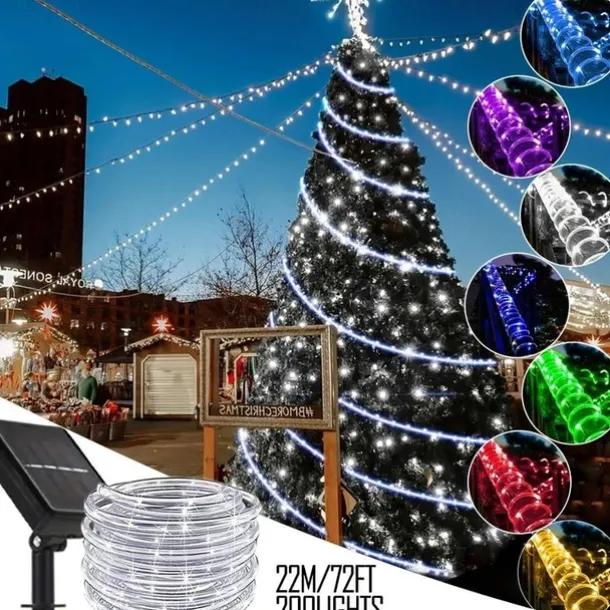 22M 200 Leds Outdoor waterproof solar tube light string, Christmas, New Year, holiday, wedding, courtyard fence, steps, balcony atmosphere decoration light string