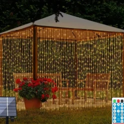 3*3M 300 LEDs Solar Curtain Light Outdoor Remote Control Light 8 Lighting Modes Fairy Lights IP65 Waterproof Leather Thread Lights Christmas Party Wedding Home Bedroom Garden Wall Decor