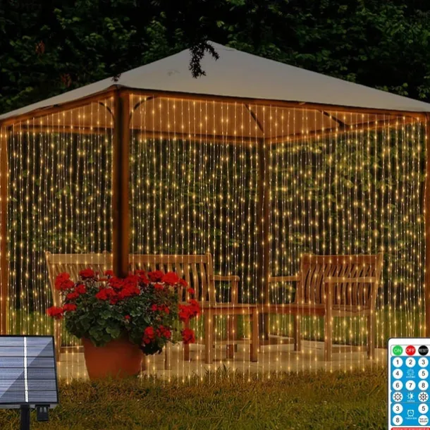 3*3M 300 LEDs Solar Curtain Light Outdoor Remote Control Light 8 Lighting Modes Fairy Lights IP65 Waterproof Leather Thread Lights Christmas Party Wedding Home Bedroom Garden Wall Decor