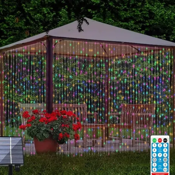 3*3M 300 LEDs Solar Curtain Light Outdoor Remote Control Light 8 Lighting Modes Fairy Lights IP65 Waterproof Leather Thread Lights Christmas Party Wedding Home Bedroom Garden Wall Decor