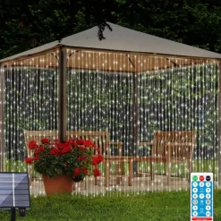 3*3M 300 LEDs Solar Curtain Light Outdoor Remote Control Light 8 Lighting Modes Fairy Lights IP65 Waterproof Leather Thread Lights Christmas Party Wedding Home Bedroom Garden Wall Decor