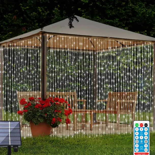 3*3M 300 LEDs Solar Curtain Light Outdoor Remote Control Light 8 Lighting Modes Fairy Lights IP65 Waterproof Leather Thread Lights Christmas Party Wedding Home Bedroom Garden Wall Decor